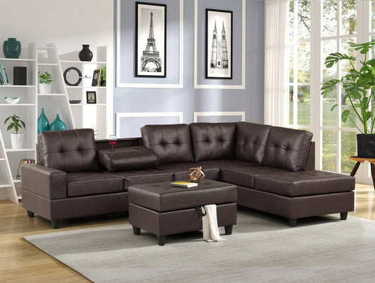 Heights Espresso Modern Contemporary Faux Leather Tufted Reversible Sectional + Ottoman Set