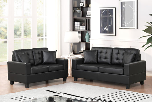 Black Modern Contemporary Faux Leather Tufted 2Pc Sofa & Loveseat Set