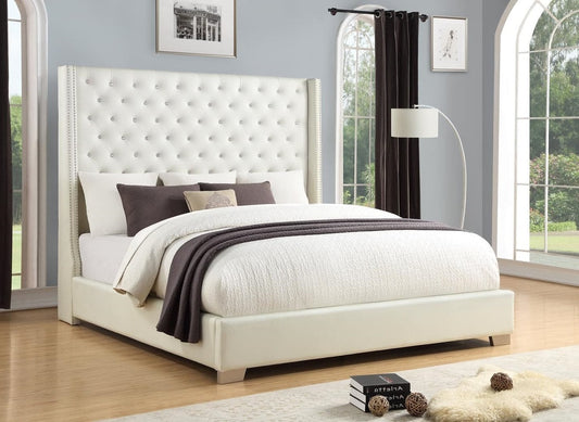 HH323 White Modern Traditional Solid Wood Faux Leather Upholstered Tufted Queen Bed
