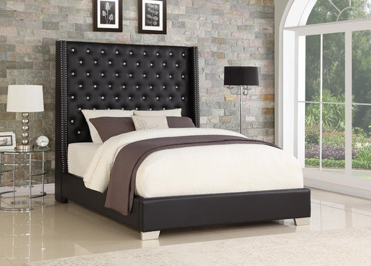 Black Modern Traditional Solid Wood Faux Leather Upholstered Tufted Queen Bed