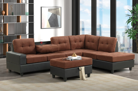 Pu6-heights Brown Modern Contemporary Velvet Tufted Reversible Sectional + Ottoman Set