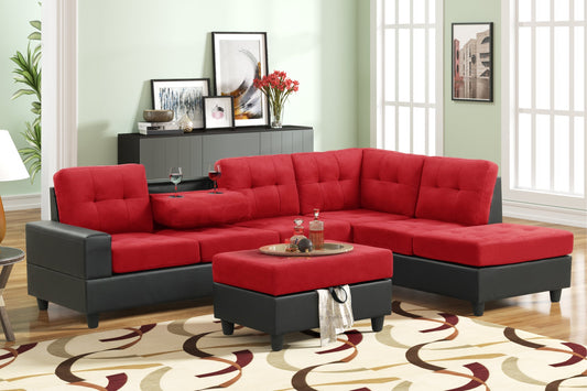 Pu7-heights Red/Black Modern Contemporary Velvet Tufted Reversible Sectional + Storage Ottoman Set