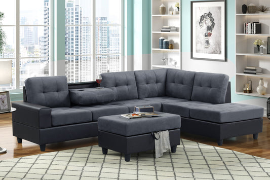 Pu8-heights Gray Modern Contemporary Velvet Tufted Reversible Sectional + Storage Ottoman Set