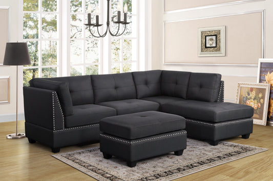 Sienna Grey Modern Contemporary Fabric Tufted Linen Sectional + Ottoman Set