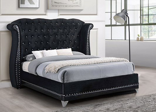 Luxor Black Modern Traditional Sleek Velvet Upholstered Tufted Platform King Bed