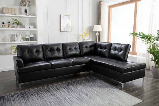 Vintage Black Modern Contemporary Solid Wood Faux Leather Upholstered Tufted Sectional