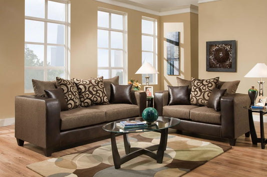 Riverstone Brown Modern Contemporary Chenille Fabric And Faux Leather Upholstered Sofa & Loveseat