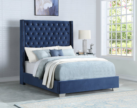 HH327 Blue Modern Traditional Solid Wood Velvet Upholstered Tufted Queen Bed