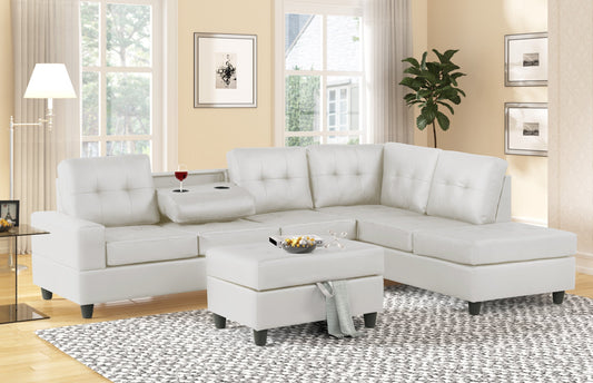 10Heights White Modern Contemporary Faux Leather Tufted Reversible Sectional + Storage Ottoman Set