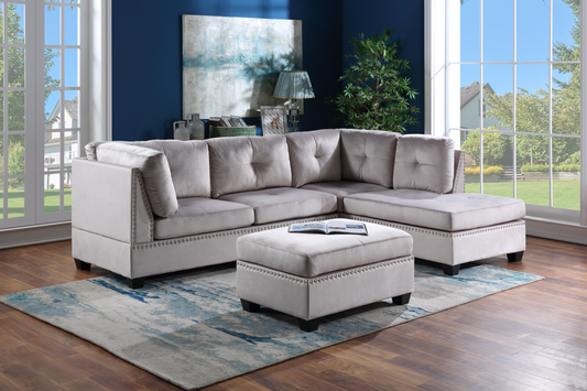 Sienna Silver Contemporary Solid Wood Velvet Upholstered Tufted Sectional + Ottoman Set