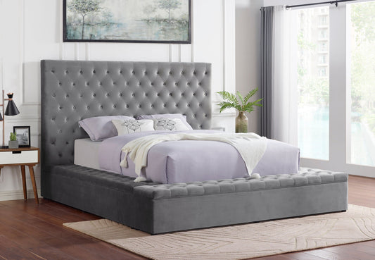 Paris Grey Modern Transitional Velvet Upholstered Tufted Storage Platform Queen Bed