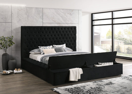 Paris Black Modern Transitional Velvet Upholstered Tufted Storage Platform Queen Bed