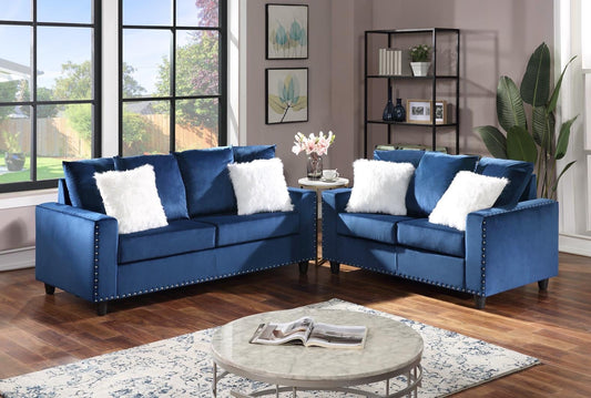 Cinderella Blue Modern Contemporary Velvet Upholstered Sofa & Loveseat Set