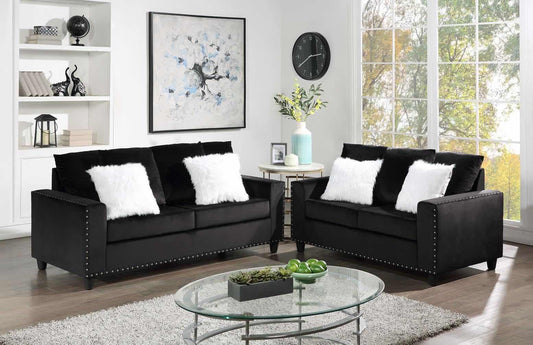 Cinderella Black Modern Contemporary Velvet Upholstered Sofa & Loveseat Set