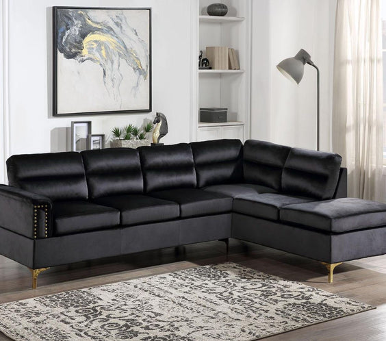 Vogue Black Modern Contemporary Solid Wood Gold Metal Legs Velvet Upholstered Sectional