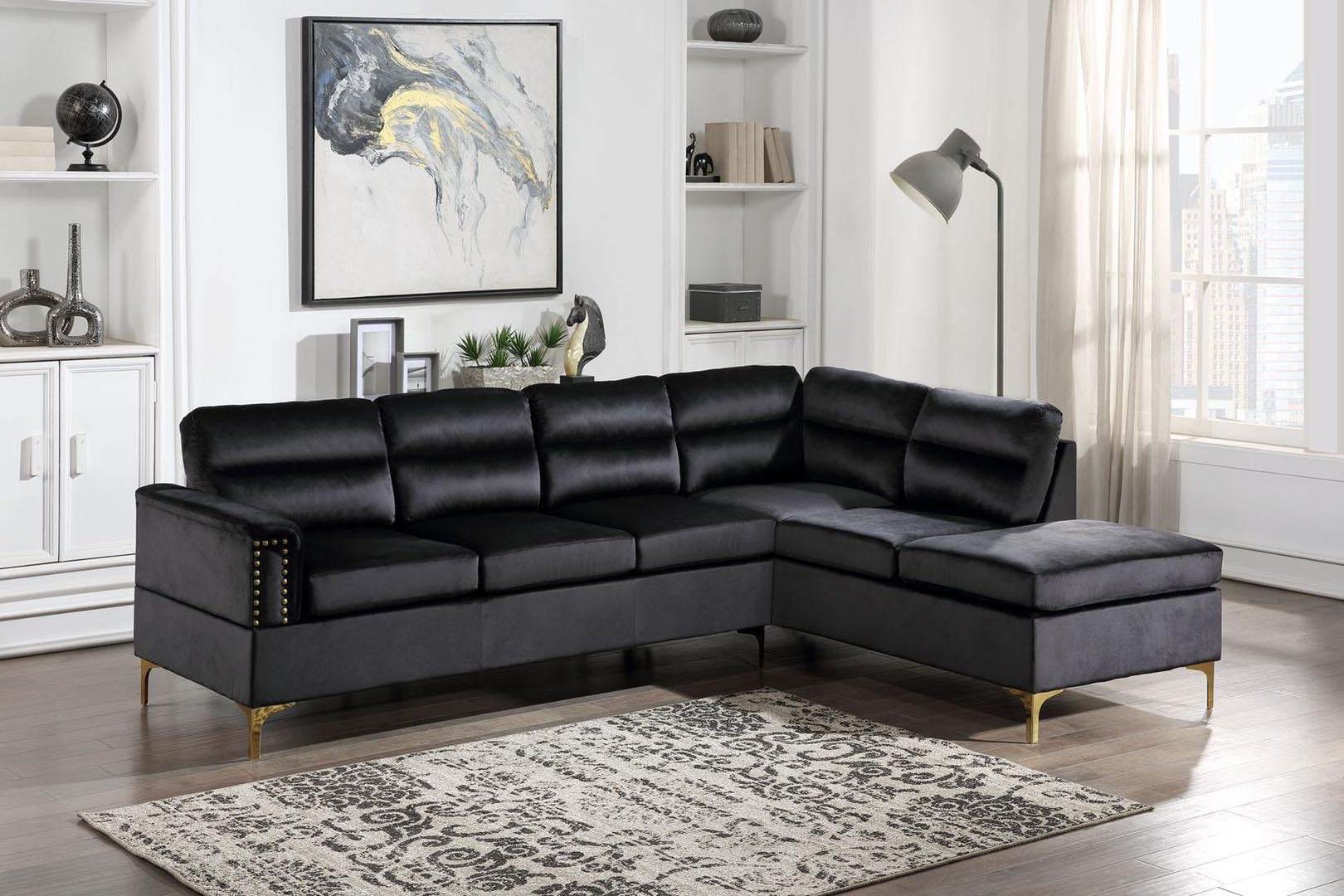 Vogue Black Modern Contemporary Solid Wood Gold Metal Legs Velvet Upholstered Sectional