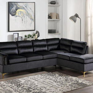 Vogue Black Modern Contemporary Solid Wood Gold Metal Legs Velvet Upholstered Sectional
