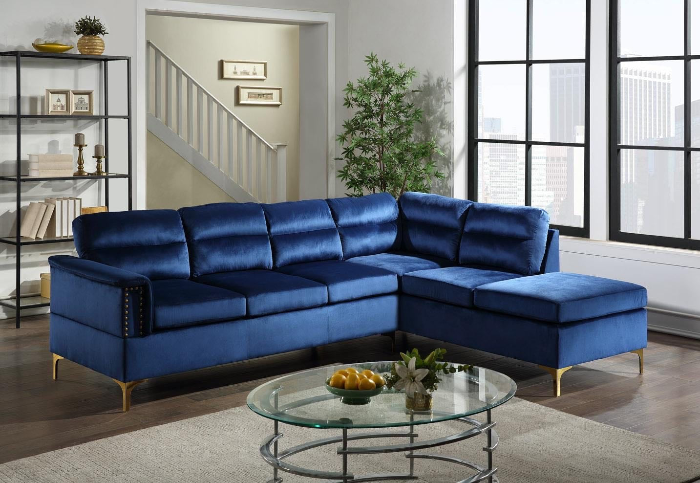 Vogue Black Modern Contemporary Solid Wood Gold Metal Legs Velvet Upholstered Sectional