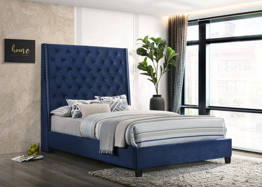 Coralayne Blue Modern Classic Solid Wood Velvet Upholstered Tufted Queen Bed