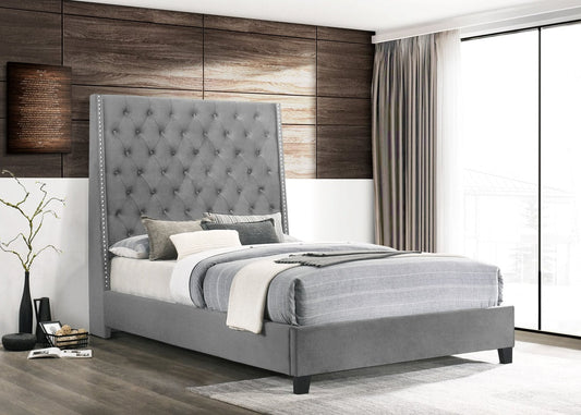 Grey/Silver Modern Contemporary Solid Wood Velvet Upholstered Tufted Platform Queen Bed