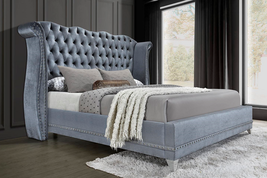 Luxor Grey Contemporary Solid Wood Velvet Upholstered Tufted Diamond Platform Queen Bed