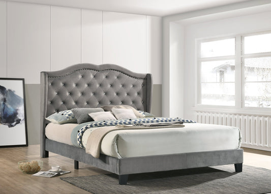 Paradise Gray Modern Traditional Solid Wood Velvet Upholstered Tufted Platform Queen Bed