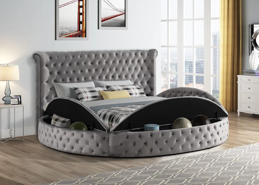 Penthouse Grey Modern Contemporary Solid Wood Velvet Upholstered Tufted Storage Queen Bed