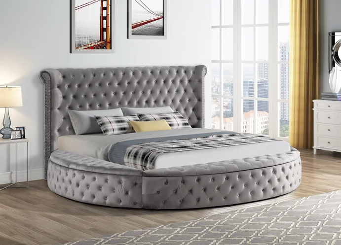 Penthouse Grey Modern Contemporary Solid Wood Velvet Upholstered Tufted Storage King Bed