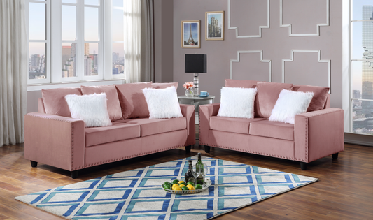 Cinderella Pink Modern Contemporary Velvet Upholstered Sofa & Loveseat