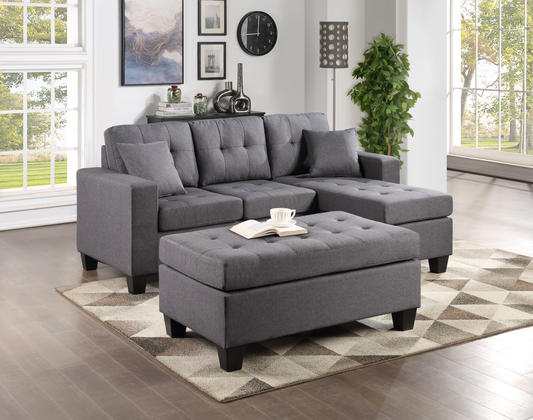 Naomi Grey Solid Wood Linen Fabric Upholstered Tufted Reversible Sectional & Ottoman