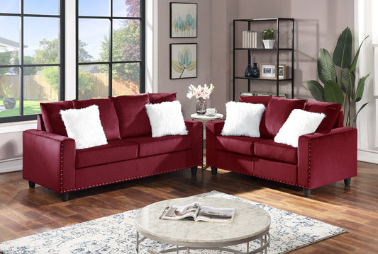Cinderella Red Modern Contemporary Velvet Upholstered Sofa & Loveseat
