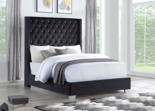 Black Modern Traditional Solid Wood Velvet Upholstered Tufted Queen Bed