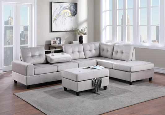 21Heights Silver Modern Contemporary Velvet Tufted Reversible Sectional + Storage Ottoman Set
