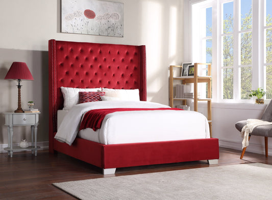 Red Modern Traditional Solid Wood Velvet Upholstered Tufted King Bed