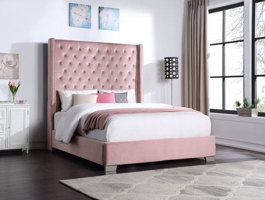 Pink Modern Traditional Solid Wood Velvet Upholstered Tufted Queen Bed